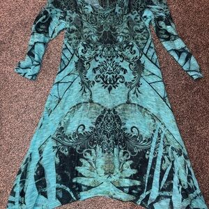 Chic Teal Patterned Long Sleeve Dress